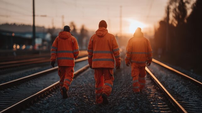 Three railway maintenance workers walk along the tracks at sunset. The warm lighting emphasizes their reflective orange uniforms as they proceed to inspect the rails