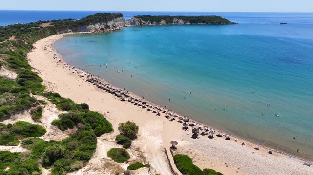 Aerial drone cinematic video of famous for caretta caretta turtle hatching paradise beach and marine preservation park of Gerakas, Zakithnos island, Ionian, Greece
