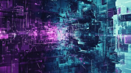 Abstract digital space visualizing interconnected data blocks and glowing lines, creating a intricate network with vibrant purple and cyan light, representing global communication flow