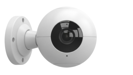 Modern white security camera PNG isolated on transparent background, surveillance system for home safety and monitoring, minimalist design