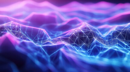 Digital network structure displaying interconnected lines and glowing nodes, forming an abstract undulating landscape representing data flow, technology, and advanced computing concepts