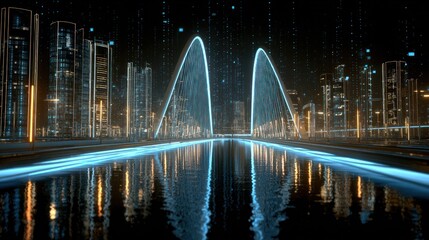 A futuristic cityscape at night, illuminated by vibrant blue light trails on a reflective waterway beneath a magnificent arch bridge, showcasing a technological .