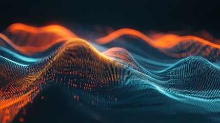 Abstract digital surface presenting oscillating wave patterns of glowing particles in contrasting orange and blue tones, representing data visualization or sound waves