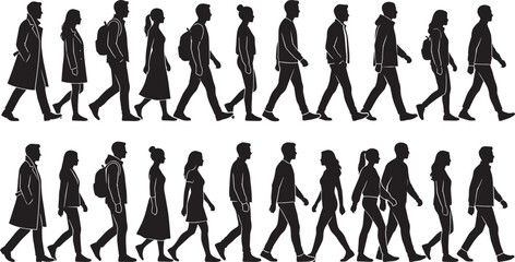 Diverse People Walking Silhouettes: Full-Body Collection of Male and Female Figures in Various Professions and Casual Attire Moving in Side Profile for Crowds and Concepts.Diverse People Walking S