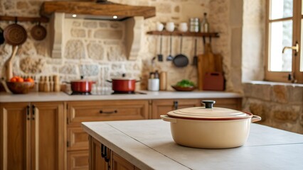 Fototapeta premium Rustic Stone Kitchen With Wooden Cabinets And Cooking Pots On Countertop