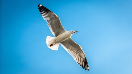 Obraz premium Seagull Soaring Against A Clear Blue Sky In Bright Sunlight