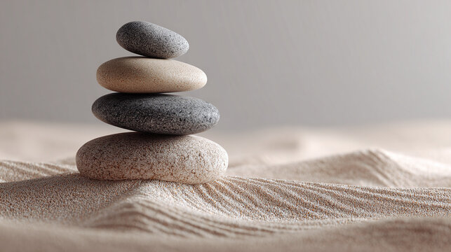 A serene composition of stacked stones on textured sand. This minimalist image evokes a sense of balance and tranquility. 