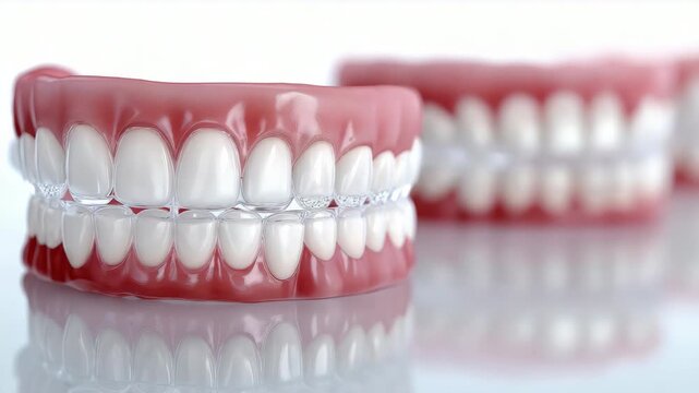 Dental models displaying aligned teeth with clear braces on reflective surface