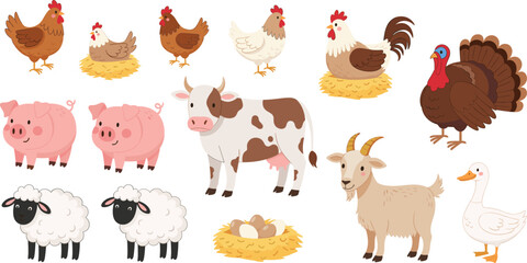 Adorable Hand-Drawn Farm Animals Vector Collection Featuring Cow, Pig, Sheep, and Poultry for Children's Educational Design Projects