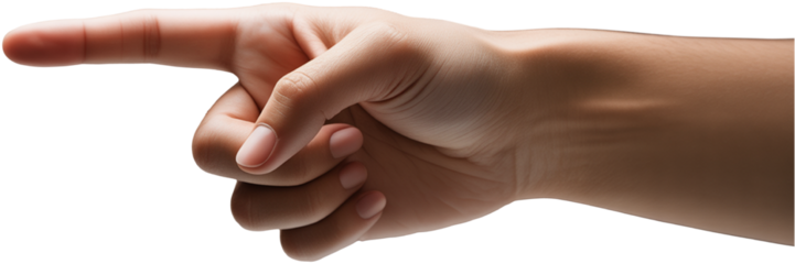 A pointing hand gestures forward isolated against a dark solid black background