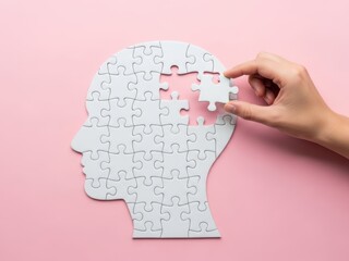 Hand of woman putting last puzzle piece into human head shape, concept of mental health, memory loss, alzheimer patient, brain health, mind development and psychology