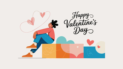 Fototapeta premium Stylized single character sits on colorful blocks with valentine's day hearts
