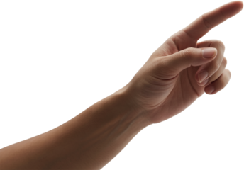 A realistic depiction of a human hand pointing forward with extended finger