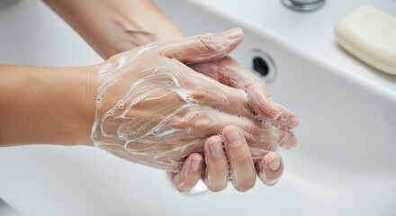 Fototapeta premium Close up of hands being washed with soap and water in a white sink