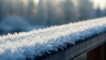 Close Up Of Frost Crystals Forming On A Metal Railing On A Cold Winter Day