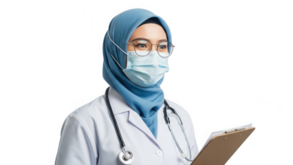 Female doctor wearing blue hijab and medical face mask holding clipboard isolated on transparent background