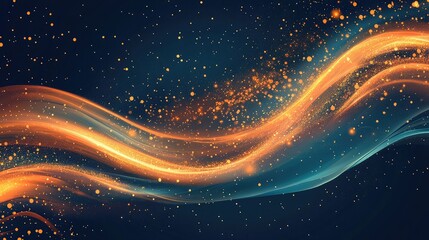 Abstract golden light particles flowing in dynamic waves, forming an energetic stream across a dark background, representing innovation, connection, and movement in a vibrant display