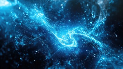 Obraz premium Abstract electric light particles form a dynamic fractal pattern of flowing blue energy waves, evoking data networks, technology, plasma currents and futuristic scientific visualization