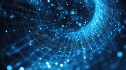 Abstract glowing tunnel featuring interconnected lines and shimmering particles, symbolizing fast data transfer, digital communication, and advanced technology in a futuristic environment