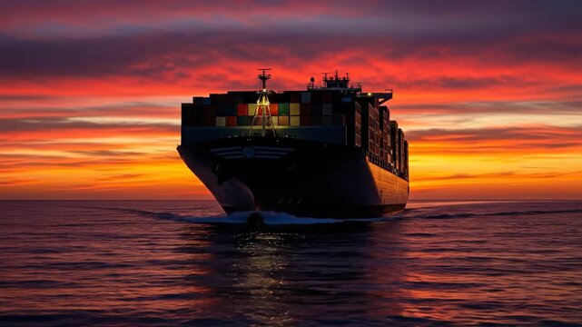 Cargo ship sailing on ocean at sunrise or sunset. International shipping container vessel on sea at dawn or dusk with dramatic sky. Global trade and maritime transport concept.