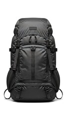 Naklejka premium Black hiking backpack with multiple compartments and straps