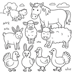 Cute Farm Animals Black and White Line Art Coloring Page