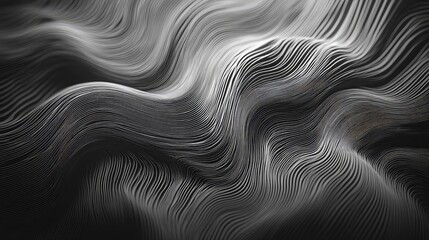 Abstract lines flowing in a rhythmic, undulating pattern across a dark surface, forming a complex digital landscape with smooth curves and a sense of dynamic motion and innovative technology