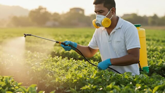 Male farmer wearing a respirator mask spraying pesticides on green crops. Agricultural worker using a knapsack sprayer in a field during golden hour. Crop protection concept