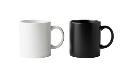 Two ceramic coffee mugs one white and one black side by side isolated on transparent background
