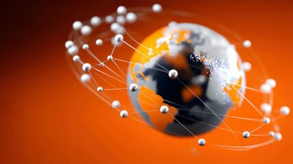 Rotating earth with interconnected network on vibrant orange background - Powered by Adobe