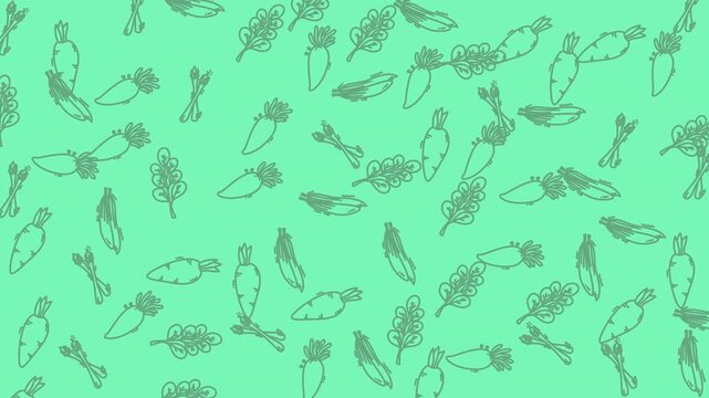Seamless animated vegetable sketch pattern on mint green background.