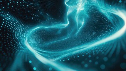Abstract digital wave of glowing blue particles and lines visualizing a futuristic data stream, network connection, and technological information flow in cyberspace
