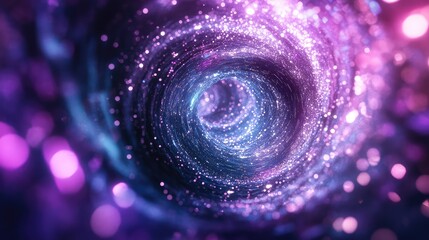 Sparkling glitter particles are swirling through an abstract blue and purple vortex tunnel, creating a vibrant, glowing stream of cosmic light for technology backgrounds