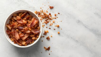 Crispy Bacon Bits in White Bowl on Marble Surface with Scattered Pieces Overhead View Natural Lighting