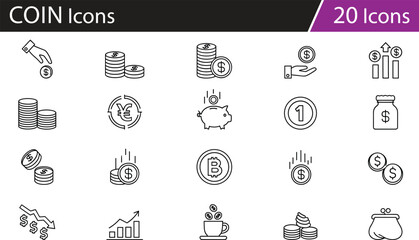 Finance icon set with money, savings, investment, currency exchange, and economic growth in black and white vector style