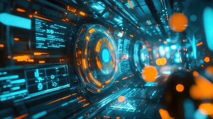 Digital data flowing through a futuristic high tech tunnel, displaying abstract code and holographic user interface elements in vibrant cyan and orange neon colors