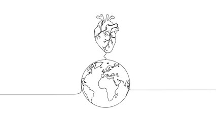 A single continuous line drawing of a human heart floating above planet Earth, symbolizing global health and care.
