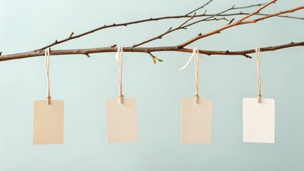 Four Blank Tags Hang From A Twig Branch With Soft Blue Background Natural Light