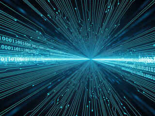 Abstract digital circuit board with glowing binary code flowing through pathways