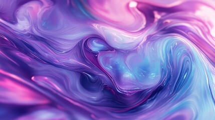 Abstract liquid surface displaying a captivating blend of purple, pink, and blue iridescent colors, creating smooth, undulating waves and dynamic, fluid patterns with a vibrant, glowing texture