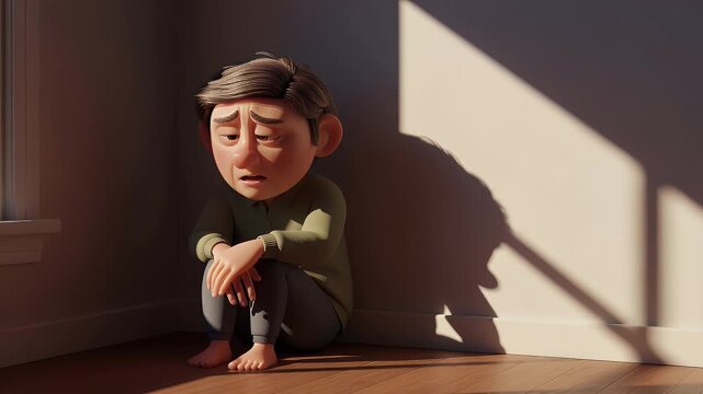 Animated character in a corner indoors with sunlight casting shadows