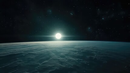 Obraz premium Distant planet's curved horizon illuminated by a glowing star, creating an atmospheric glow over the clouds, with countless stars visible in the dark cosmic background