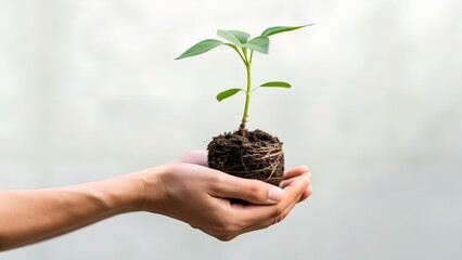Hands Gently Holding A Small Green Sprout With Soil And Visible Roots Soft Background Light