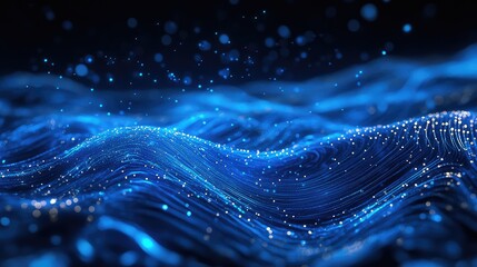 Abstract digital wave of glowing particles representing data flow, global network connectivity, and artificial intelligence, illustrating big data technology concepts
