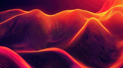 Digital surface creates an abstract landscape with glowing red and orange particle lines flowing across a dark background, representing data, sound, or energy in a modern technological context