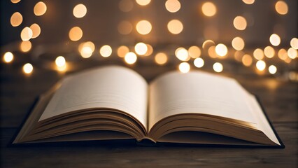 Open Book With Blank Pages In Front Of Golden Bokeh Lights Soft Focus Background