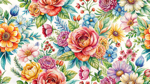 Colorful vintage floral seamless pattern with blooming roses and wildflowers