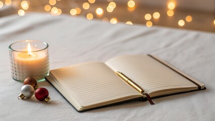 Open Notebook Beside Candle And Christmas Ornaments Soft Bokeh Lights White Background Cozy Atmosphere
