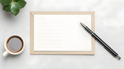 Overhead View of Blank Card and Pen Beside Coffee Cup and Plant on White Desk
