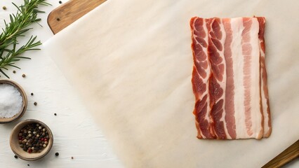 Raw Bacon Strips on White Paper with Rosemary Salt and Pepper